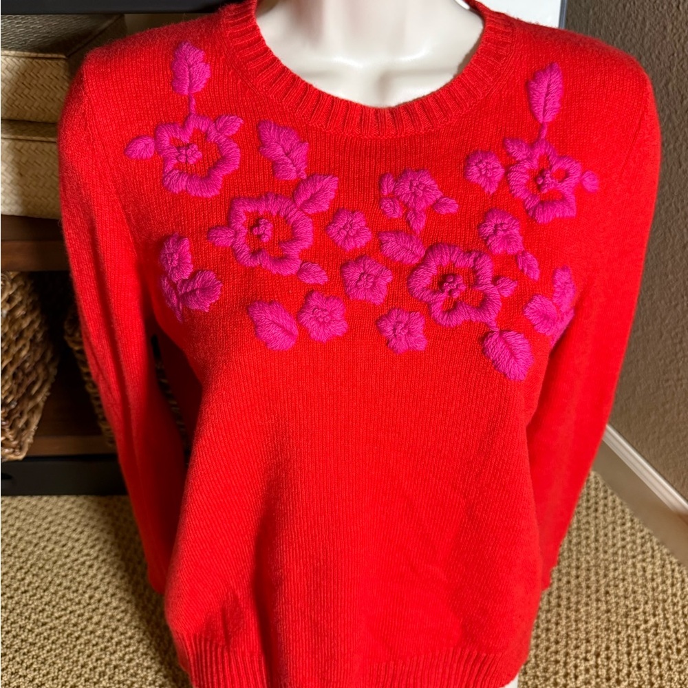 Boden Embroidered Crew Neck Jumper, Brilliant Red Hot Pink Floral Sweater Medium